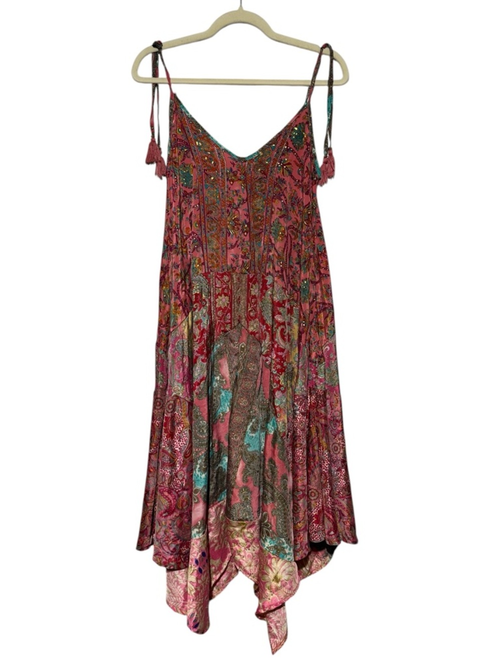 Paani Hippie Boho Patchwork Dress Women Size Small Modest Midi Pink Satin Floral